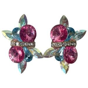 Pink & Blue Crystal Clip-On Earrings Iridescent Aurora Borealis Jeweled Cluster